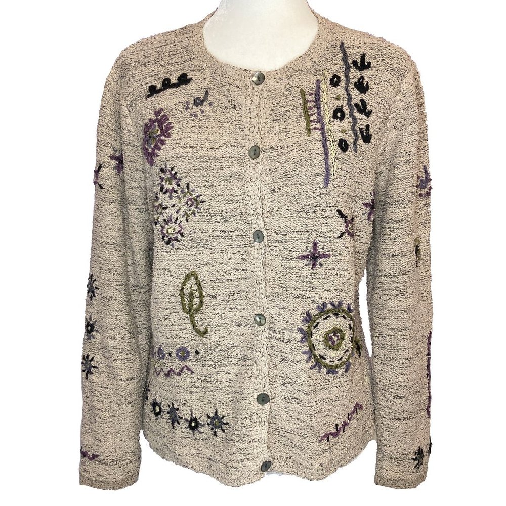 Northern Isles Hand Embroidered Button-Down Cardigan Sweater - L